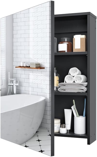 Dailygoods- Spiegelkast met spiegeldeur - Wandgemonteerde badkamerkast - Verstelbare planken - Opbergfunctie - Zwart - 45 cm L x 60 cm B - Medicijnkast