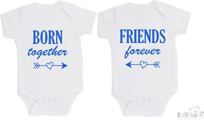100% katoenen Rompers 2-pack "Born together Friends forever" Jongens Katoen Wit/blauw Maat 62/68