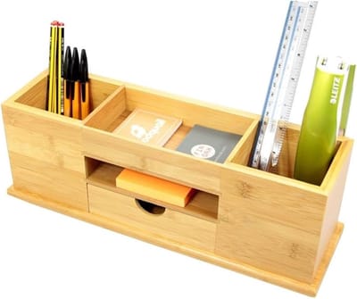 Famanu – Bureau-organizer met lade – brede schrijfwaren organizer – 5 vakken – gemaakt van bamboe