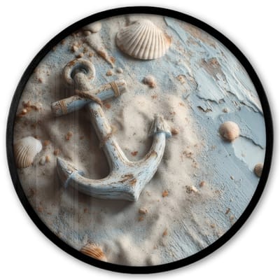 Poster in lijst Rond - Fotolijst 40x40 cm - Posters - Anker - Hout - Schelpen - Zand - Ronde posterlijst zwart - Decoratie - Wanddecoratie woonkamer - Muurdecoratie slaapkamer