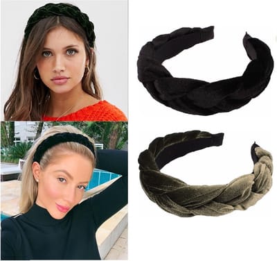 2 Stuks Velvet Gevlochten Dames Diadeems Haarband – Olijfgroen & Zwart