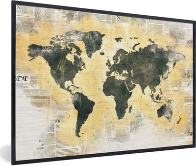 Poster in lijst - Fotolijst 90x60 cm - Posters - Wereldkaart - Krant - Goud - Posterlijst zwart - Decoratie - Wanddecoratie woonkamer - Muurdecoratie slaapkamer