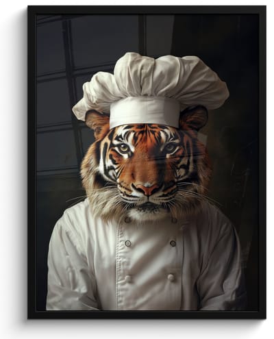 Poster in lijst - Fotolijst 50x70 cm - Posters - Tijger - Kokskleding - Bruin - Posterlijst zwart - Decoratie - Wanddecoratie woonkamer - Muurdecoratie slaapkamer
