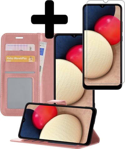 Hoesje - Met Screenprotector - Geschikt voor Samsung Galaxy A02s - Luxe Pasjeshouder - Bookcase Portemonee - Flip Case - Kunstleer Book Case - Flipcase - Book Cover - Walletcase - Portemonneehoes - Telefoonhoesjes - Rosé goud