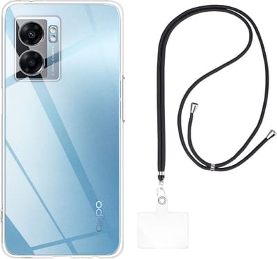 Set met hoesje en nekband voor oppo a77 5g - Flexibele, transparante TPU-bescherming, verstelbare universele nekband voor mobiele telefoons, zwarte nekband, transparante draagriem van Phonillico®