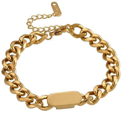 Goudkleurige schakel armband voor dames – brede armband met graveerplaat – verstelbare armband van staal