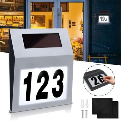 Froadp Huisnummerverlichting op zonne-energie met 2 LED's, huisnummerbord, huisnummerverlichting, wandlamp zilver