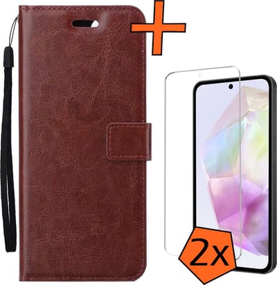 Hoes - Met 2x Screenprotector - Geschikt voor Samsung Galaxy A35 - Luxe Pasjeshouder - Bookcase Portemonee - Flip Case - Kunstleer Book Case - Flipcase Hoes - Book Cover - Walletcase - PortemonneeHoes - Bruin