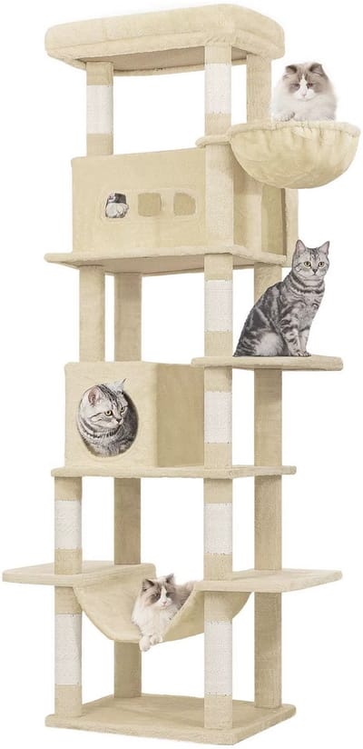 Multi level Cat Tower - Krabpaal Katten 210 cm – Grote Kattenboom met 8 Krabpalen – Multi-level Kattentoren met Slaapplaatsen en Pompons – Voor Binnenkatten