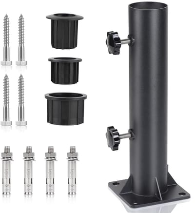 Dailygoods- Parasolhouder Verstelbaar - Staande Buis - Bodemhuls met 8 Stalen Spijkers - Verloopringen 32/40/50 mm - Zwart - Geschikt voor 57 mm Parasolstok - Parasolstandaard