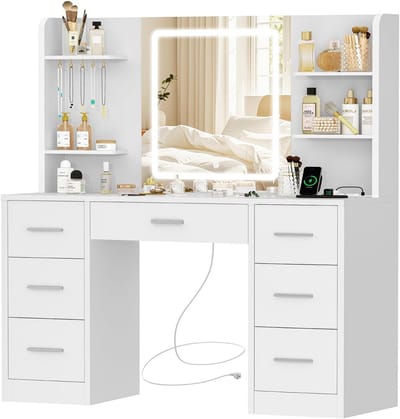 Kaptafel met verlichting - Make-uptafel dressoir - Sieraden opbergen - Geïntegreerd stopcontact - 40x107x140 cm - Wit