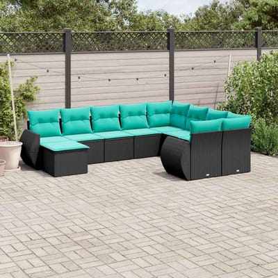 vidaXL - 10-delige - tuinbankset - met - kussens - van - zwart - polyrotan