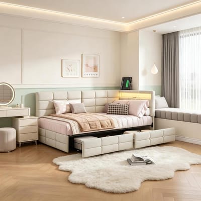 Slaapbank met Laden - Bankbed Bank - Ruimte Besparen - Geïntegreerde Verlichting - 90 x 200 cm - Beige