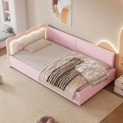 Komhtom Rustbed, slaapbank, 90*200 cm, sfeerverlichting met afstandsbediening, lattenbodem (zonder matras), imitatiepool, roze