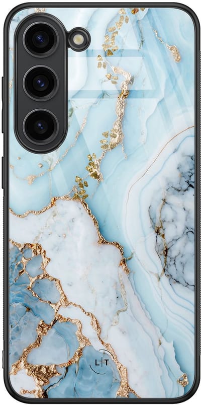 Hoesje geschikt voor Samsung Galaxy S23 - Marmer babyblauw - Luxe Glazen Hardcase - Marmer - Blauw