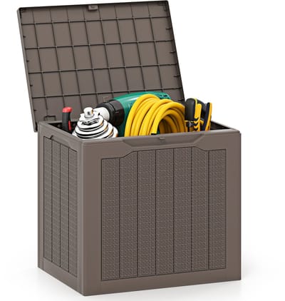 COSTWAY Tuinbox, 96 liter, opbergbox met afsluitbaar deksel en rotanlook, waterdichte opbergdoos, kussenbox voor zwembadaccessoires, tuingereedschap, pakketbezorging, tuinmeubelen, bruin