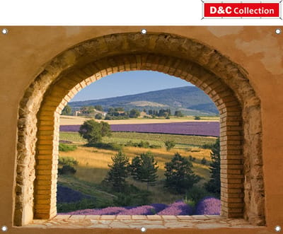 D&C Collection - 130x95 cm - tuinposter - doorkijk - stenen - lavendel - landschap - Frankrijk - Italie omgezoomd met 6 ringen