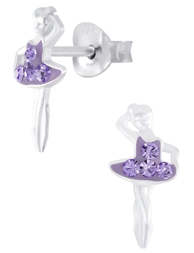 Joy|S - Zilveren ballerina ballet danseres oorbellen - 6 x 12 mm - paars kristal - kinderoorbellen