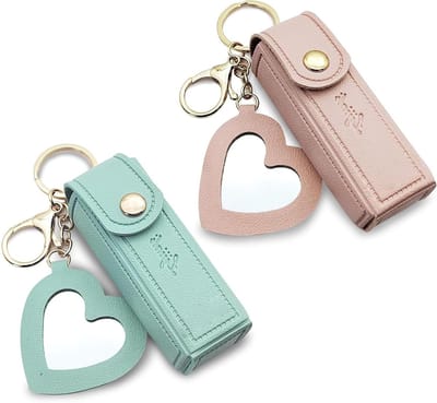 2 Stuks Lipstick Pouch Sleutelhanger met Spiegel, Draagbare Lip Balm Houder en Make-up Organizer in Roze en Blauw