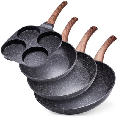 Koekenpan Set met Eierpan BLACK&WOOD 19 / 20 / 24 / 28 cm 4 stuks - Koekenpannen - Braadpannen - Koekenpannenset - Multifunctionele Pan voor Vlees - Groenten