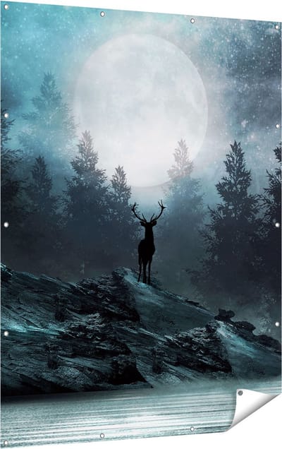 Gards Tuinposter Hert op een Rots tijdens Volle Maan - 120x160 cm - Tuindoek - Tuindecoratie - Wanddecoratie buiten - Tuinschilderij