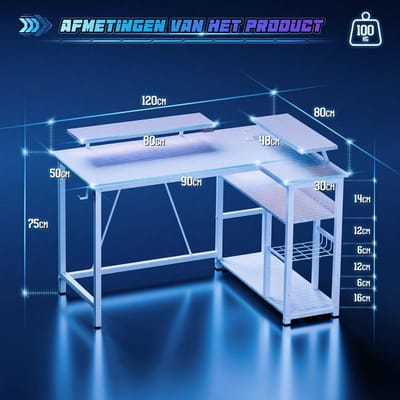 Devoko L-vormig Bureau 120x50/80x75 cm - Gaming Hoekbureau met Stopcontact, USB en USB-C en LED Lichtstrip - 100 kg Draagvermogen - Bekerhouder en Haak - witte carbon look