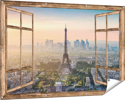 Gards Tuinposter Doorkijk Skyline van Parijs met de Eiffeltoren - 150x100 cm - Tuindoek - Tuindecoratie - Wanddecoratie buiten - Tuinschilderij