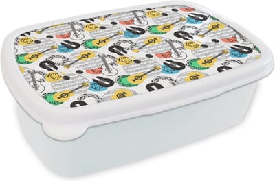 Broodtrommel Wit - Lunchbox - Brooddoos - Gitaar - Muziek - Patronen - Abstract - 18x12x6 cm - Volwassenen