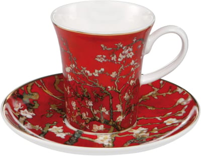 Goebel - Vincent van Gogh | Kop en schotel Espresso Amandelboom rood | Porselein - 12cm - 100ml - met echt goud - 2 stuks
