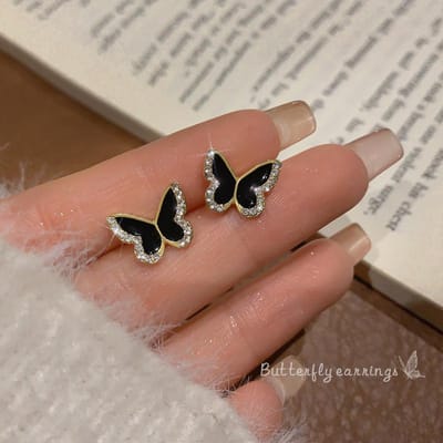 Koreaanse Kristal Vlinder Stud Oorbellen Unieke Zwarte Kleur Emaille Geometrische Persoonlijkheid Dames Sieraden Cadeau brown