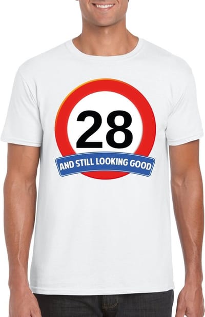 28 jaar and still looking good - t-shirt met verkeersbord print - wit - voor heren - verjaardag cadeau - party - feestartikelen 28 jarige S