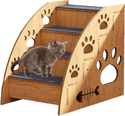 Huisdiertrap - Kattenhelling - Hulp bij klimmen - Antislip tapijt - 3 treden - Houtkleur