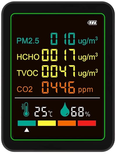 Luchtkwaliteitsmeter - Lucht tester - Binnenlucht meten - 6-in-1 metingen - Temperatuur vochtigheid