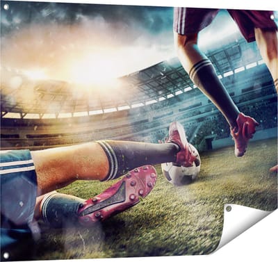 Gards Tuinposter Voetbal Sliding in het Stadion - 100x80 cm - Tuindoek - Tuindecoratie - Wanddecoratie buiten - Tuinschilderij