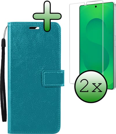 Hoesje Met 2x Screenprotector - Geschikt voor Samsung Galaxy S25 Ultra - Luxe Pasjeshouder - Bookcase Portemonee - Flip Case - Kunstleer Book Case - Flipcase Hoes - Book Cover - Walletcase - Portemonneehoes - Turquoise