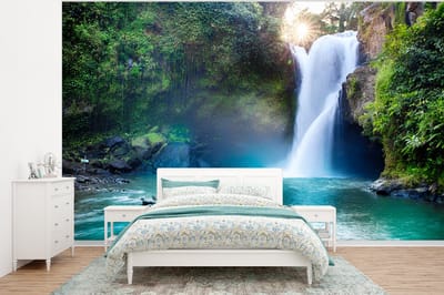 Behang - Fotobehang Waterval - Stenen - Landschap - Planten - Water - Breedte 295 cm x hoogte 220 cm