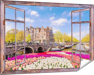 Gards Tuinposter Doorkijk Amsterdamse Huisjes aan de Grachten - 150x100 cm - Tuindoek - Tuindecoratie - Wanddecoratie buiten - Tuinschilderij