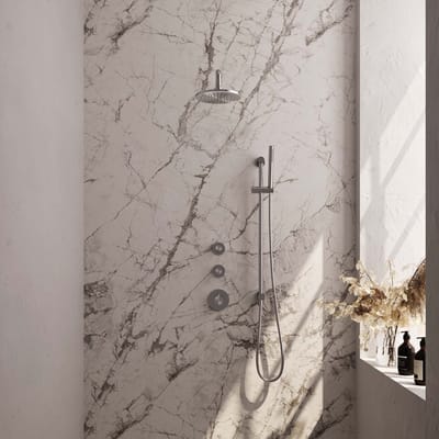 Brauer Brushed Edition thermostatische inbouw regendouche SET 15 met 20 cm douchekop en gebogen muurarm en staaf handdouche en doucheslang en geïntegreerde glijstang RVS geborsteld PVD