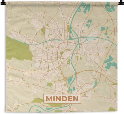 Wandkleed - Wanddoek - Minden - Plattegrond - Kaart - Stadskaart - Vintage - 180x180 cm - Wandtapijt