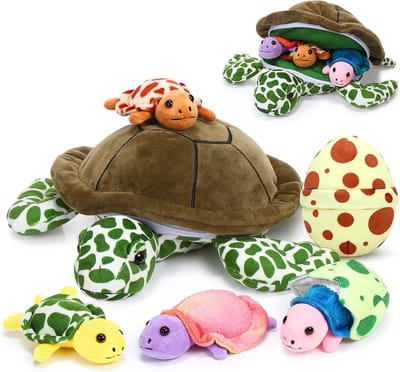 6-delige knuffeldierenset - 30 cm zeeschildpadden familie inclusief moeder, 3 baby schildpadden en 2 eieren - perfect cadeau voor Valentijnsdag