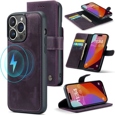 Casemania Echt Leren Hoesje Geschikt voor Apple iPhone 15 Pro - Dark Purple - 2-in-1 Magnetisch Afneembare Book Case - Portemonnee Hoes met Pasjeshouder - Geschikt voor MagSafe