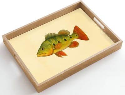 Dienblad hout 50x35 cm - Schootdienblad - Schubben - Vis - Groen - Illustratie - Borrelplank rechthoek - Plateau dienbladen