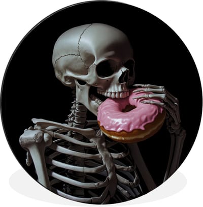WallCircle - Wandcirkel - Muurcirkel - Skelet - Donut - Eten - Schedel - Roze - Aluminium - Dibond - 60x60 cm - Binnen en Buiten