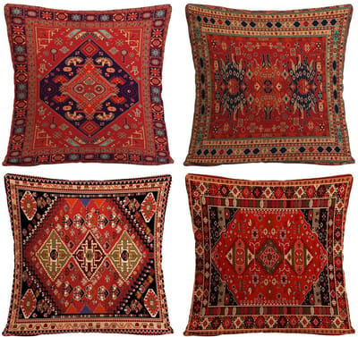 Dailygoods- Kussenslopen 45x45 cm - Retro Patroon - 4 Stuks - Linnen - Zacht en Ademend - Geschikt voor Woonkamer en Auto - Kussenhoes