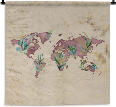 Wandkleed - Wereldkaart - Paars - Vintage - 120x120 cm - Wandtapijt
