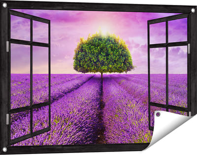 Gards Tuinposter Doorkijk Groene Boom in de Lavendel Bloemen - 90x60 cm - Tuindoek - Tuindecoratie - Wanddecoratie buiten - Tuinschilderij