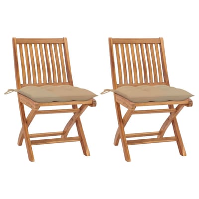 vidaXL - Inklapbare - stoelen - 2 - st - met - beige - kussens - massief - teakhout