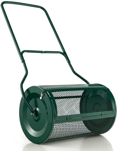 COSTWAY Compoststrooier, 80 liter, turfstrooier met U-greep, meststrooier voor gazon, tuin, tuinstrooier voor meststoffen en zaailingen, compoststrooier van metaal, zaadstrooier met mesh-mand