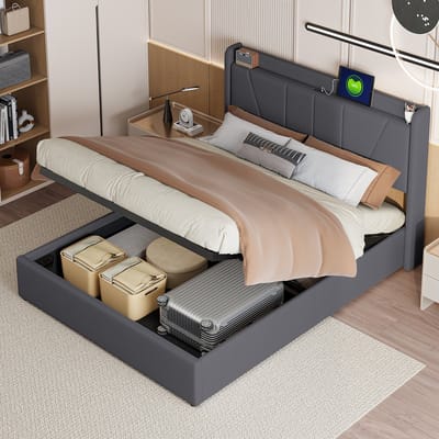 Opbergbed 160x200 Grijs – Gestoffeerd Linnen Bed met USB & Type-C – Tweepersoonsbed met Opbergruimte en Hoofdbord – Lattenbodem