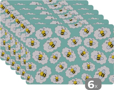 Placemat - Placemats kunststof - Bij - Insecten - Patroon - Groen - 45x30 cm - 6 stuks - Hittebestendig - Anti-Slip - Onderlegger - Afneembaar